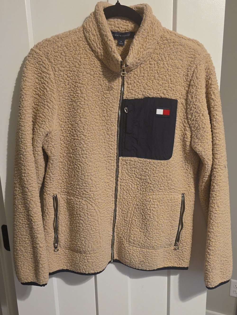 Tommy Hilfiger Women’s Tan Sherpa Zip-Up Sweater with Navy Chest Pocket Size Med